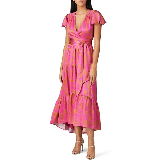 TANYA TAYLOR Women's Pink Orange Floral 100% Silk V-Neck Lisa Wrap Dress size 2 - Picture 2 of 16